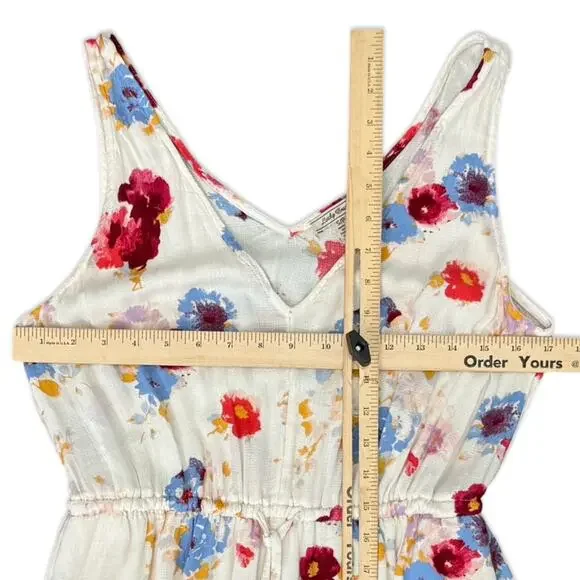Lucky Brand Ivory Red Blue Floral Sleeveless Tie Waist V-Neck Maxi Dress size S - Picture 3 of 11